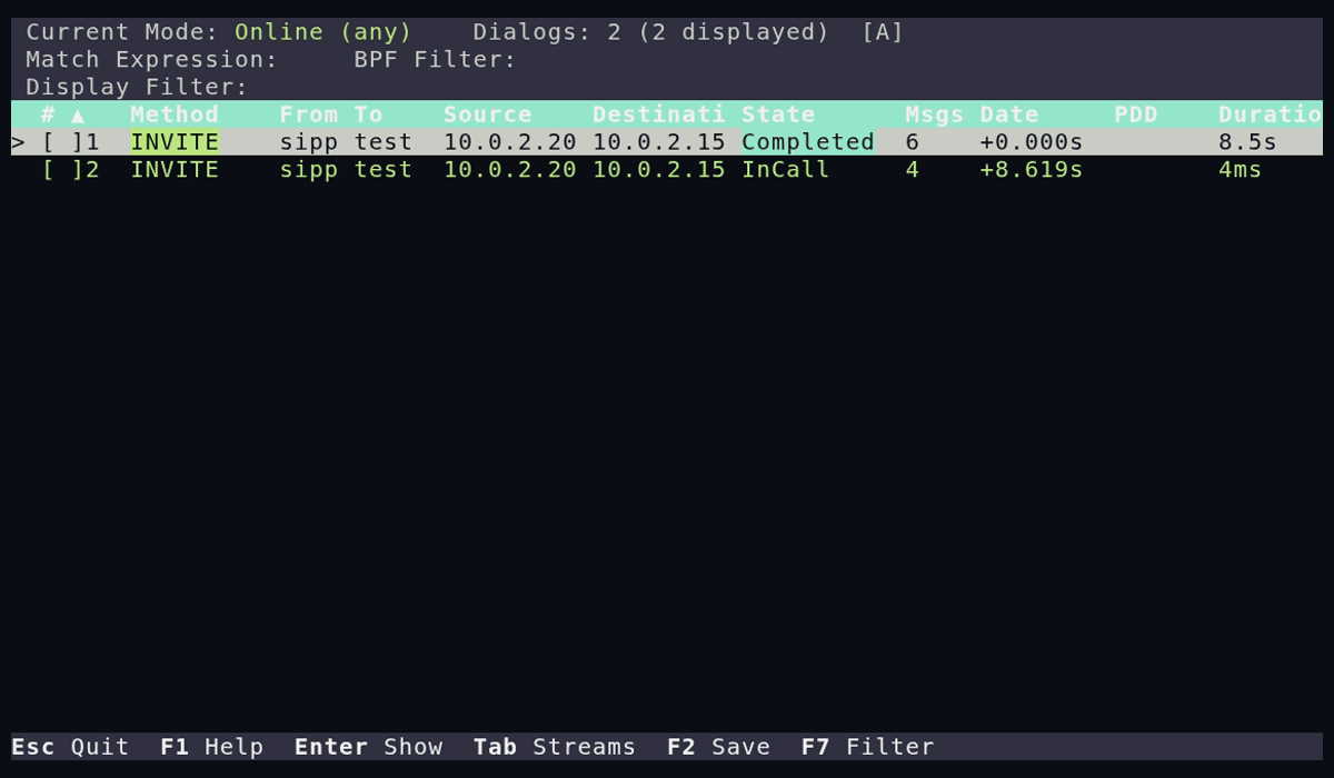 sipnab RTP streams and per-stream quality demo